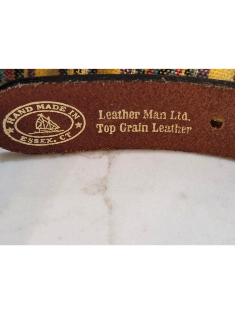 Leather Man Belt Sz 32 Handmade Top Grain Leather Striped Woven Brass Buckle EUC - Picture 3 of 6